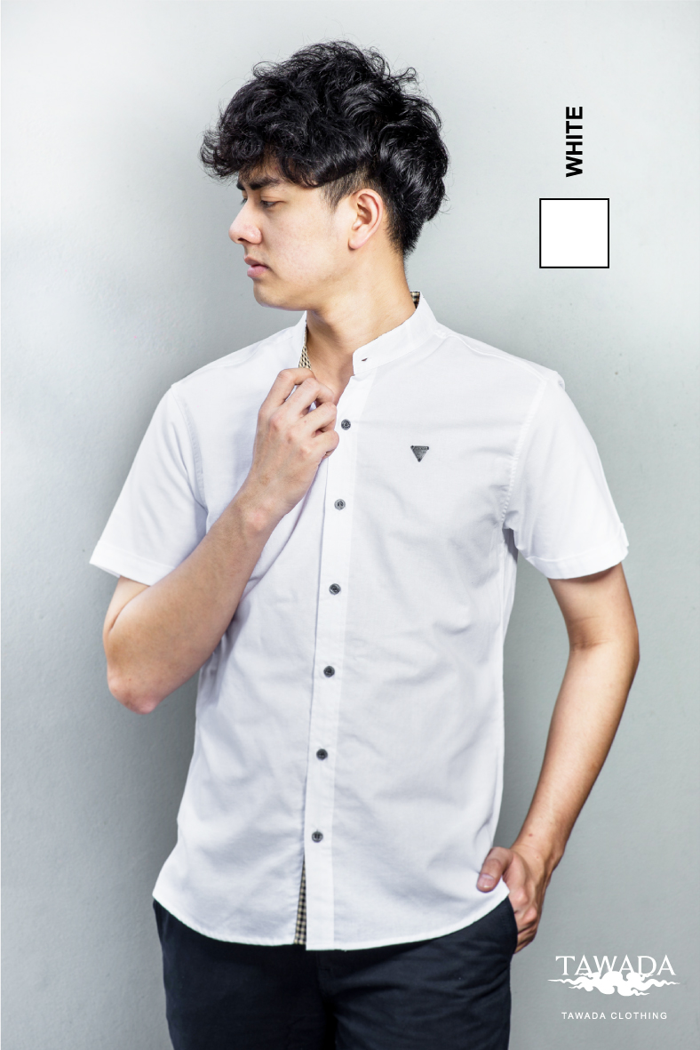 แขนสั้น คอจีน สีขาว mandarin collar White