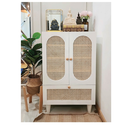 ชั้นวางของ ตู้เก็บของ พร้อมลิ้นชักสไตล์มินิมอล ไม้แท้ MDF ประตูหวายแท้ (ไม่ต้องประกอบ) ND006 - ND007