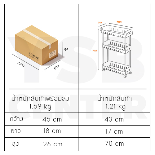 CASSA ชั้นวางของอเนกประสงค์ แบบประหยัดพื้นที่ 3ชั้น แบบล้อเลื่อน รุ่น CB0056-PST-L343