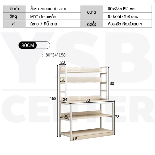 ชั้นวางของ ชั้นวางของอเนกประสงค์ เคาน์เตอร์ประกอบอาหาร ในห้องครัว ขนาด 80 x 34 x 158 cm.