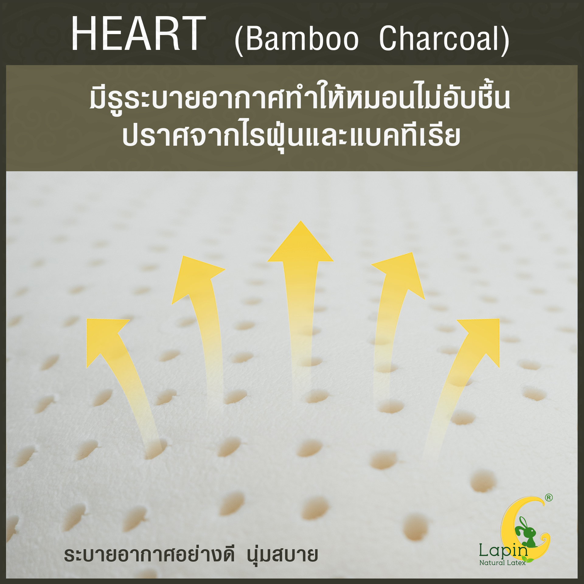 หมอนยางพาราแท้ 100% (LAPIN) รุ่น ฮาร์ท ผสมชาโคล (H + Charcoal)