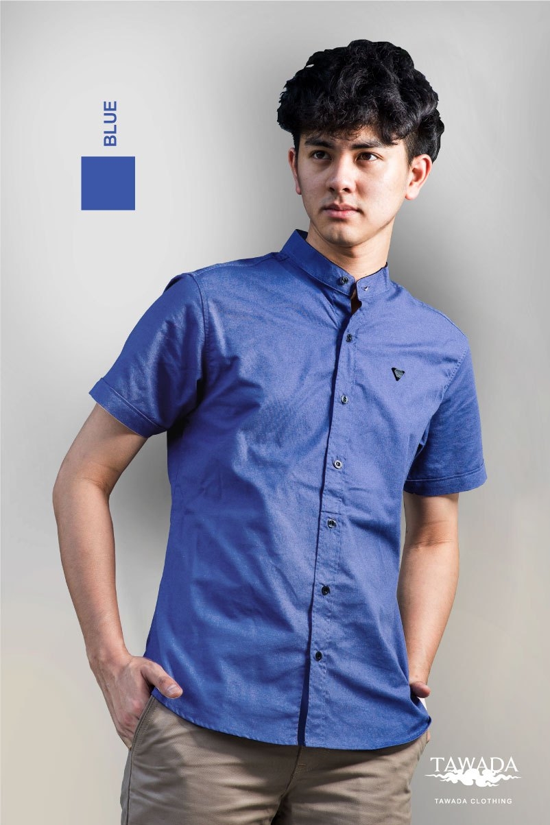 แขนสั้น คอจีน สีน้ำเงินสด mandarin collar Blue