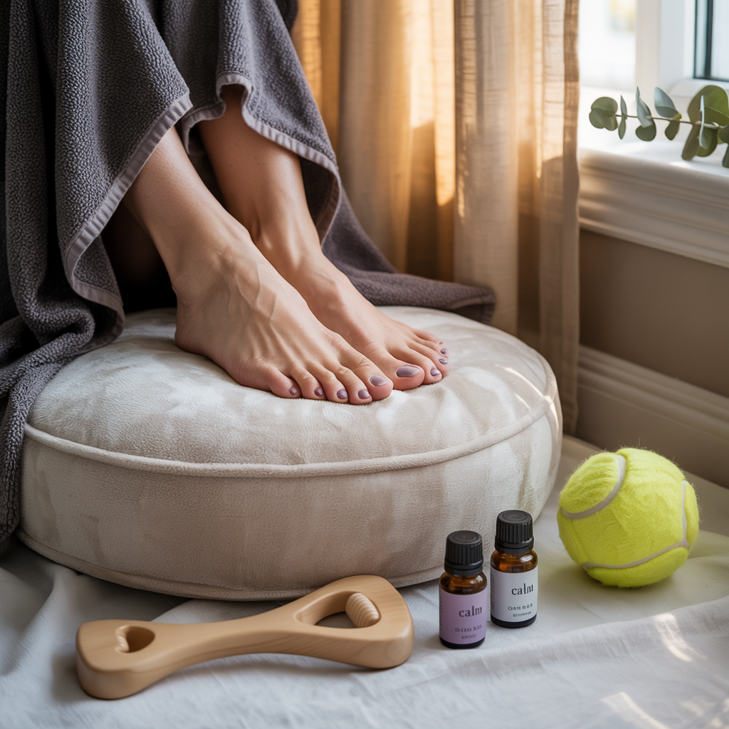 Foot care and wellness scene with massage tools, tennis ball, and essential oils for high arch foot treatment