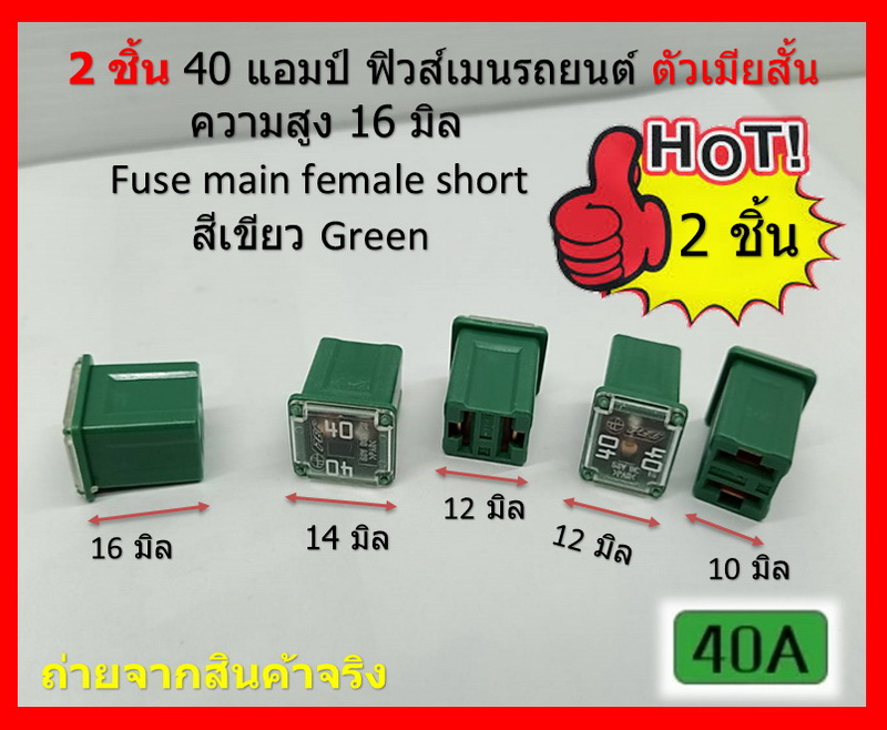2 ชิ้น 40 แอมป์ DC 9V-32V.ฟิวส์เมนรถยนต์ PEC ตัวเมียสั้น ความสูง 16 มิล Fuse main female short สีเขียว Green รหัส 9A8181