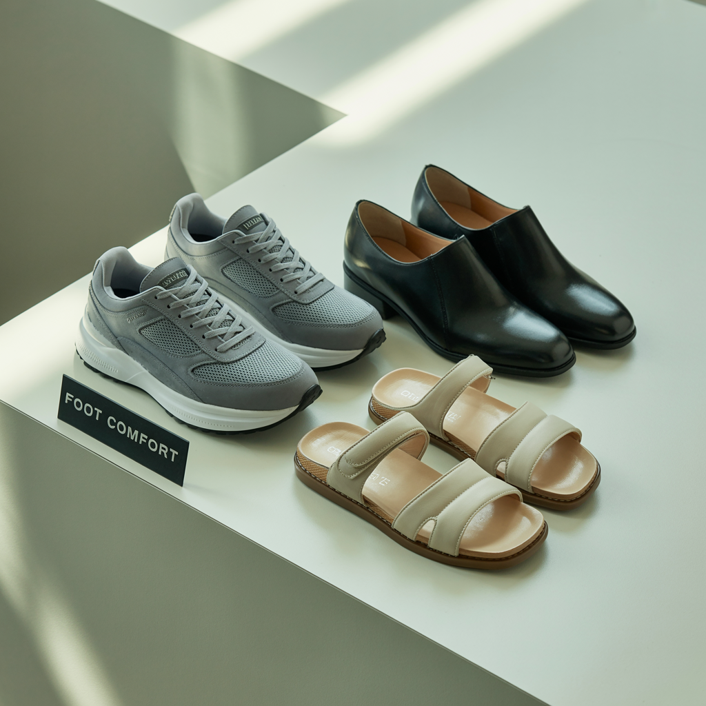 Collection of supportive shoes suitable for high arch feet including sneakers, office shoes, and comfortable sandals