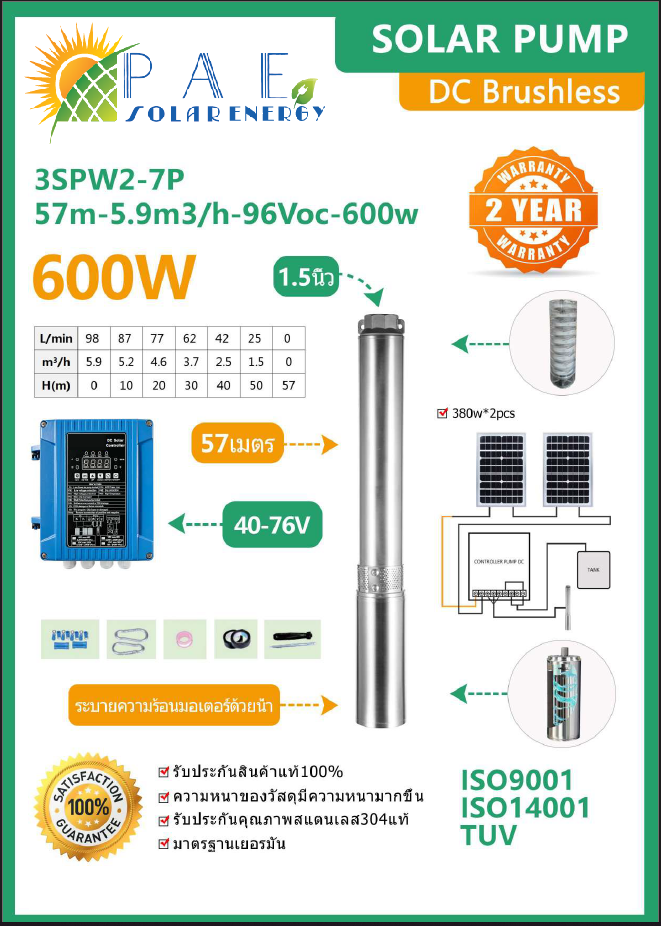 ปั้มบาดาล ซัมเมอร์ส Dc Brushless ขนาด 600W รุ่น 3SPW2-7P-57m-5.9m3h-96Voc-600W
