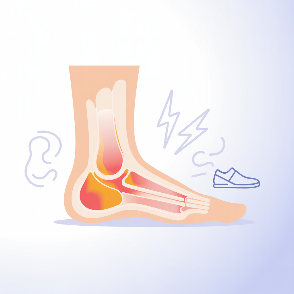 Medical illustration of high arch foot showing problem areas including heel pain, arch tension, and pressure points