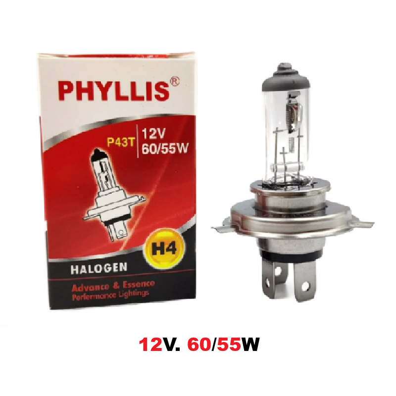 หลอดไฟหน้า Halogen (H4) 12V. 60/55W จานแฉก วัตสว่างปกติ PHYLLIS (ราคา:ดวง)