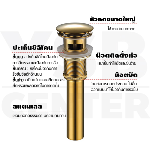 สะดืออ่าง สะดืออ่างล้างหน้า สะดืออ่างล้างจาน อุปกรณ์ในห้องน้ำ สแตนเลส304 แบบกดมีช่องน้ำล้น