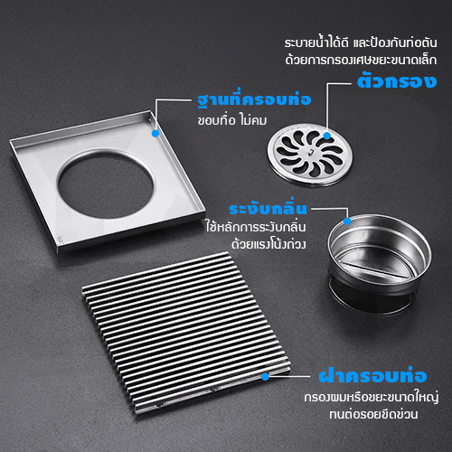 ตะแกรงระบายน้ำ สแตนเลส 304 กันกลิ่น กันแมลง ทรงสี่เหลี่ยมลายเส้นตรง รุ่น CM0022 - CM0029