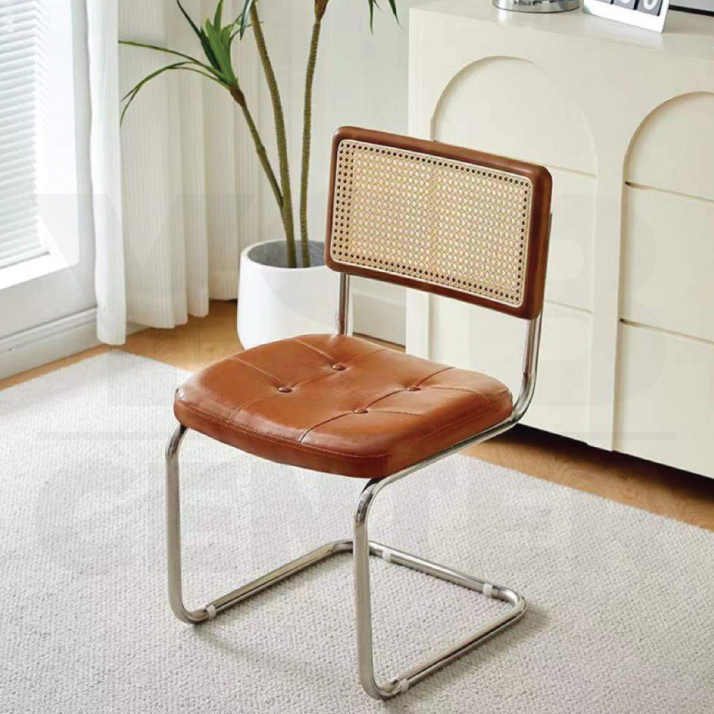 เก้าอี้หวายแท้ เบาะหนัง PU อเนกประสงค์ โครงสร้างเหล็ก แข็งแรง สีน้ำตาล YL0268-SW-BR