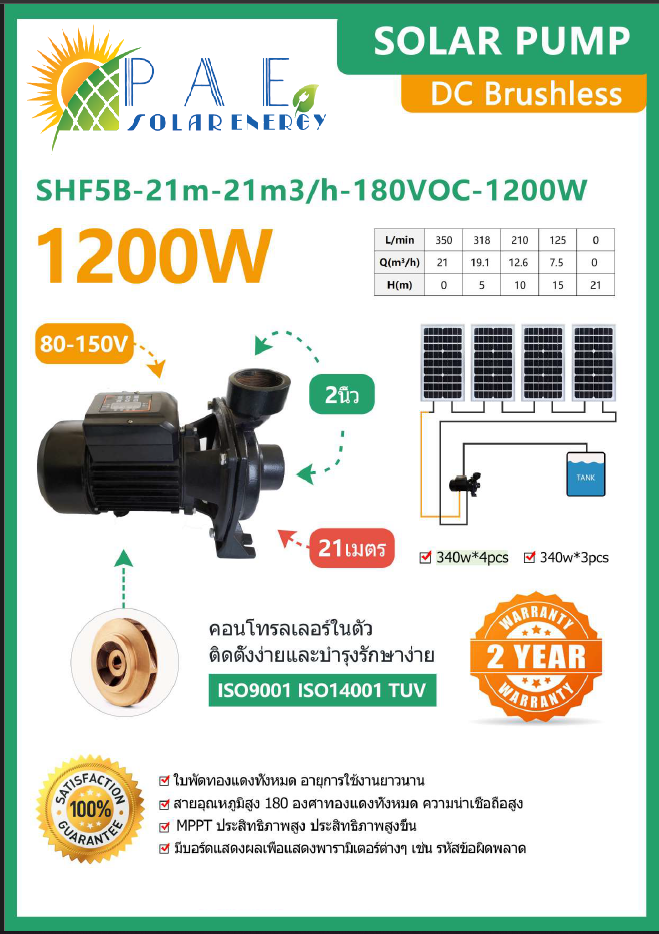 ปั๊มหอยโข่งโซล่าเซลล์ 1200W ขนาด 2 นิ้ว รุ่น SHF5B-21m-21m3h-180Voc-1200W