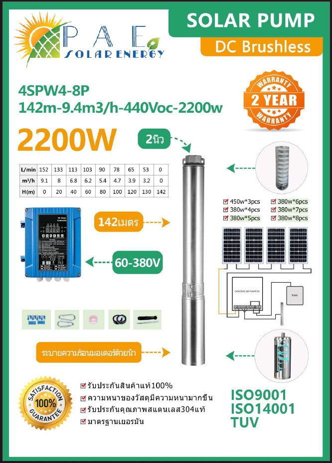 ปั้มบาดาล ซัมเมอร์ส Dc Brushless ขนาด 2200W รุ่น 4SPW4-8P-142m-9.4m3h-440Voc-2200W