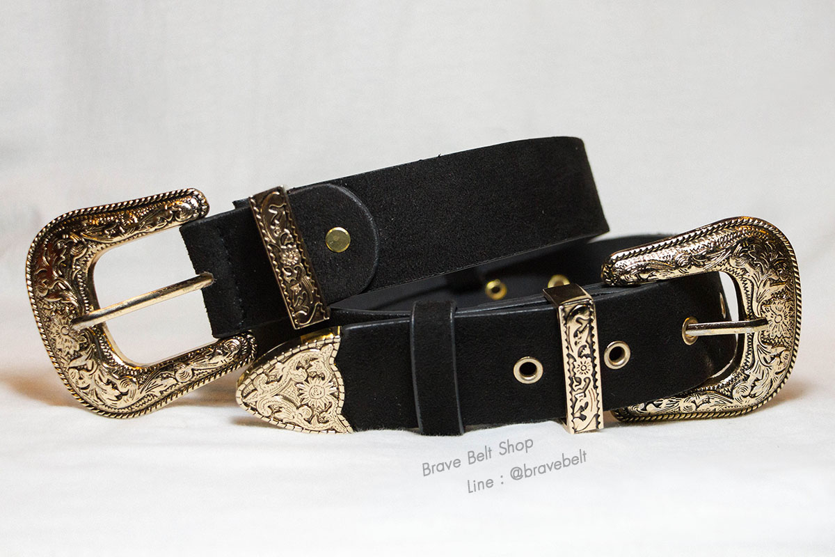 เข็มขัดวินเทจสองหัว สายผ้ากำมะหยี่เส้นใหญ่