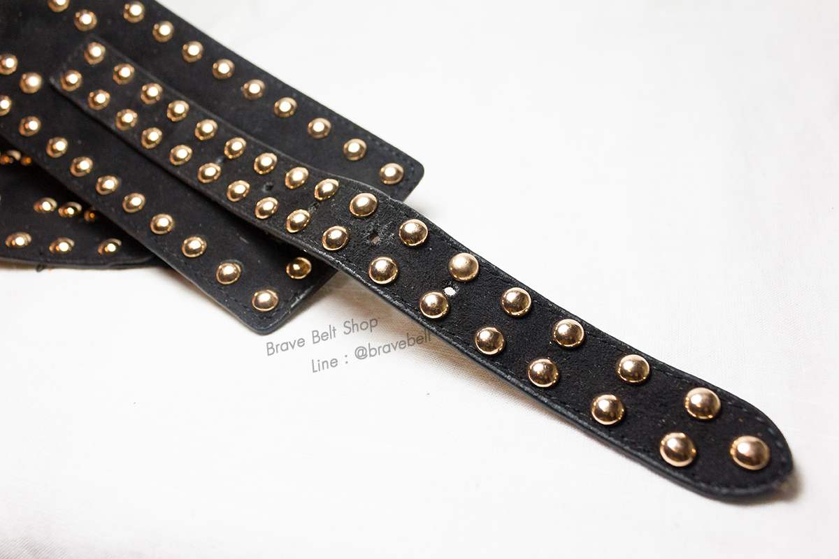 เข็มขัดเอวสูงทรงโอบิสวย หนังสีดำยางยืดหมุดทอง