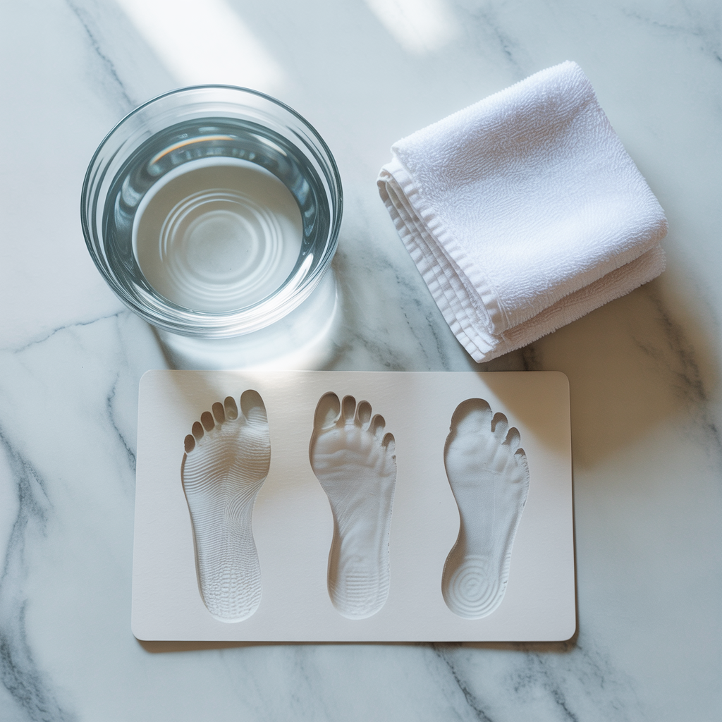 Wet foot test setup showing different footprint patterns for normal, flat, and high arch feet on white paper