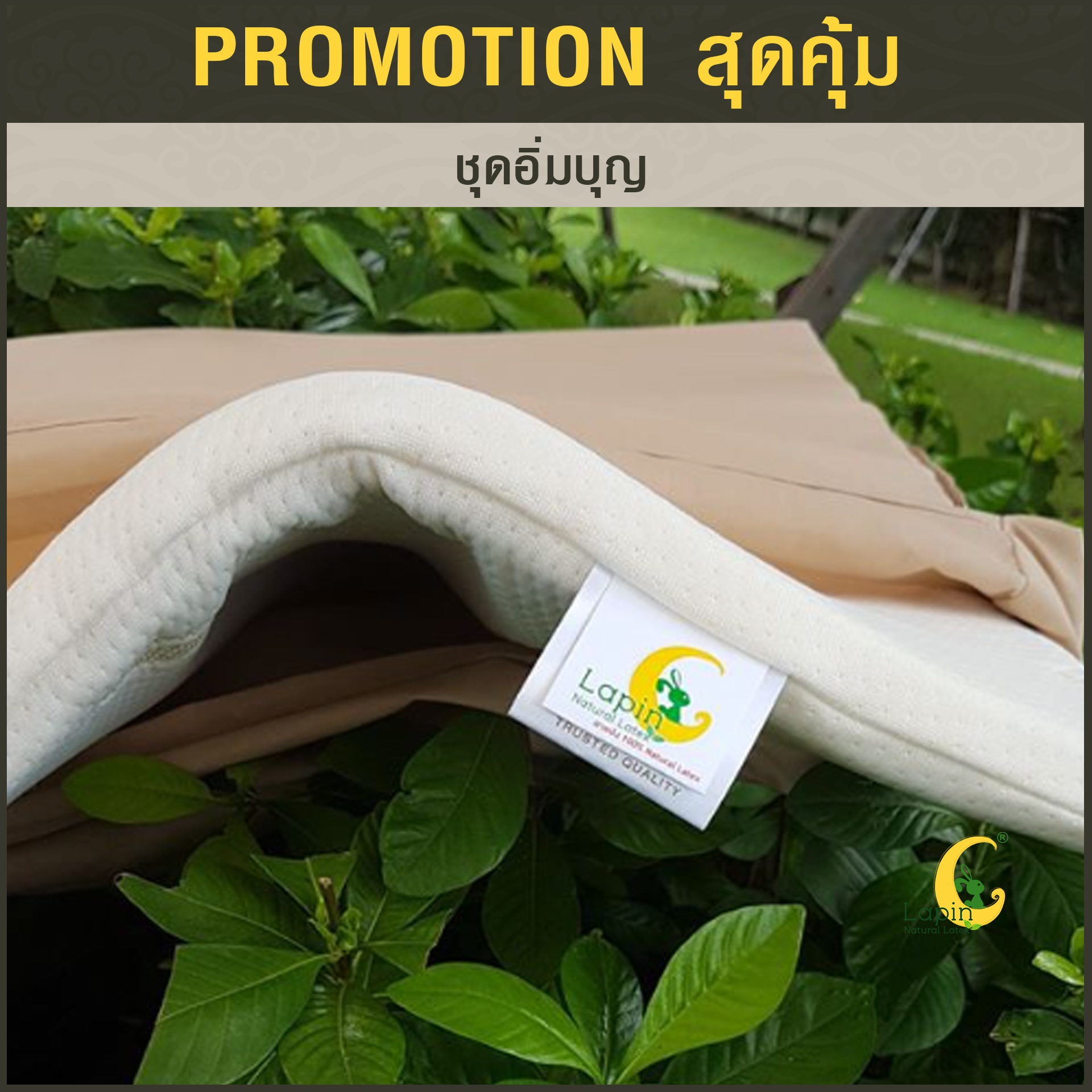 ชุดอิ่มบุญ3 หมอนยางพารา1+อาสนะ1+ปลอกคอตตอนน้ำตาล2 +กระเป๋า+การ์ด*รุ่นธรรมดาสีขาว*