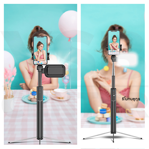 ไม้เซลฟี่ ขาตั้งมือถือ มาพร้อมไฟปรับความสว่าง มีรีโมทบูลทูธ รองรับทั้ง iOS และ Android ( สีดำ ) รุ่น J1M002 - J1M003