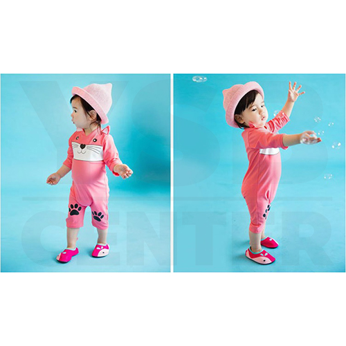 Bodysuit ชุดว่ายน้ำสำหรับเด็ก ชุดว่ายน้ำลายการ์ตูน ชุดว่ายน้ำแมว สีชมพู มีหูแมวที่ชุด