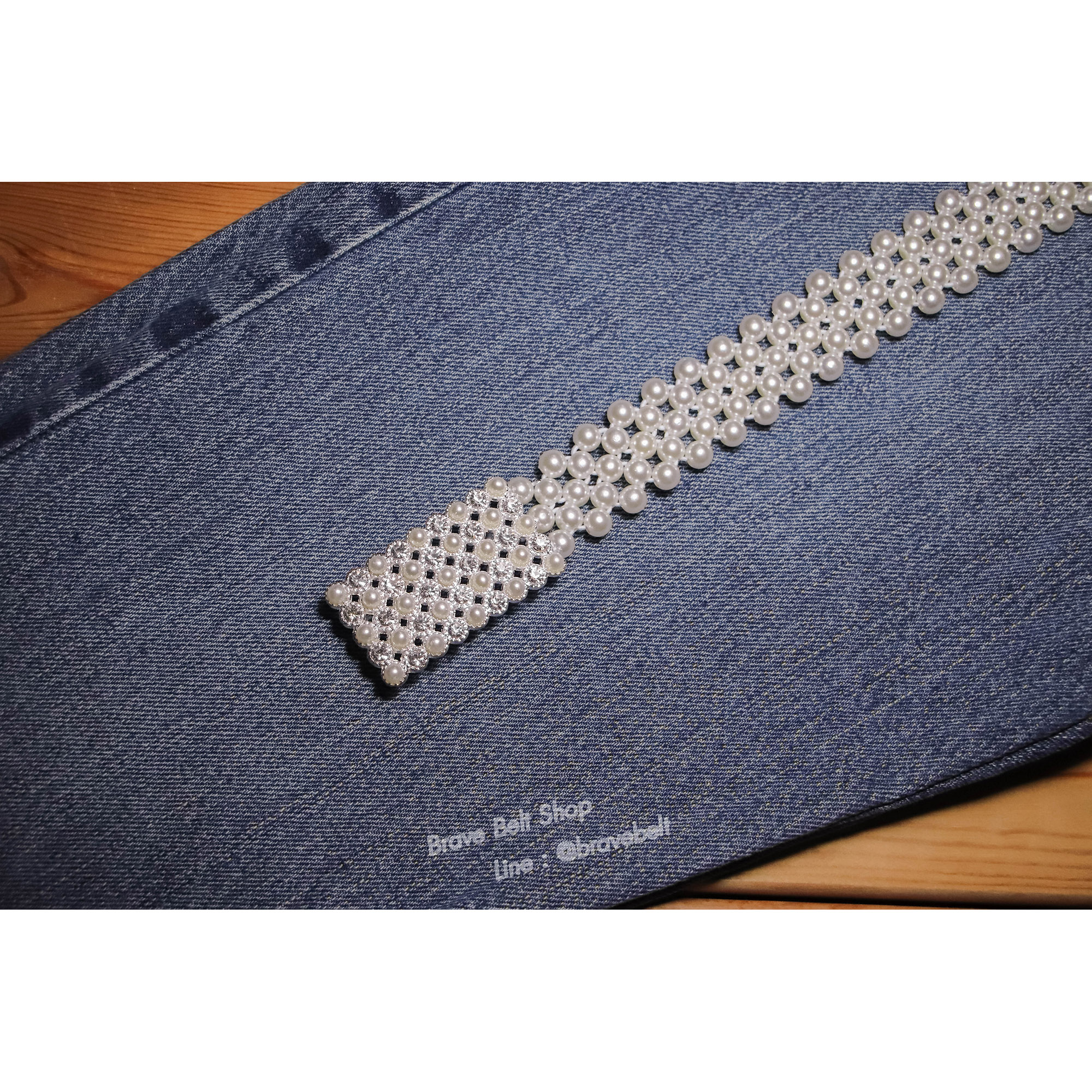 เข็มขัดไข่มุกยางยืดหัวทรงสี่เหลี่ยมสวย ใส่ออกงานได้