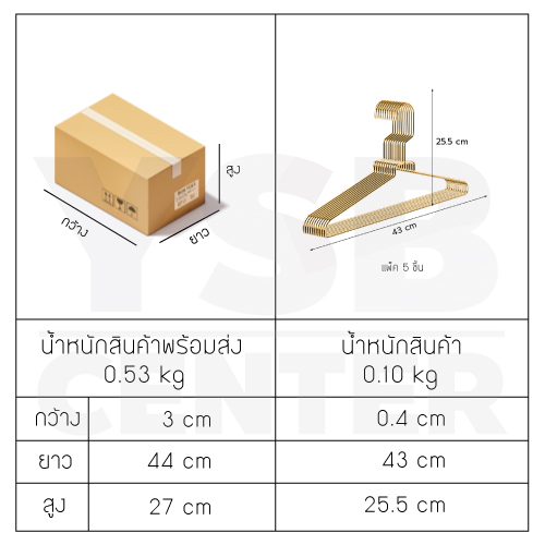 ไม้แขวน สแตนเลสชุบสีทอง ไม้แขวนไลฟ์สด ไม้แขวนห้องเสื้อ รักษาทรง แพค 5 รุ่น CB0170 - CB0171