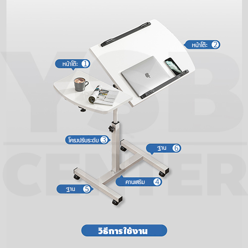 โต๊ะคอมพิวเตอร์ โต๊ะอ่านหนังสือ อเนกประสงค์ แบบท่อเหลี่ยม สอดใต้เตียง ปรับระดับ+ล้อเลื่อน 60X40 cm.
