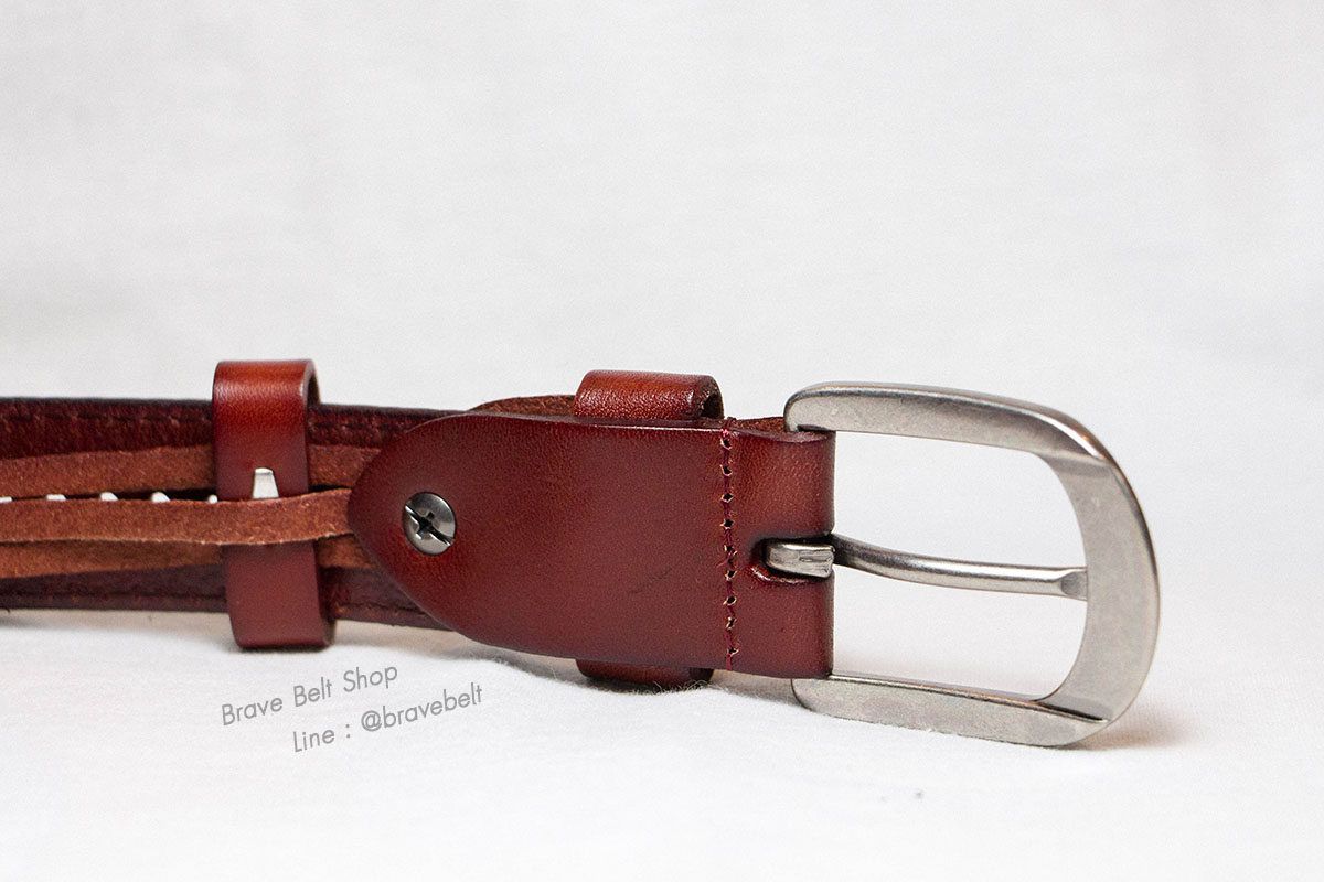 เข็มขัดแท้สีน้ำตาลเลือดหมู สำหรับผู้หญิงลายเท่ๆ
