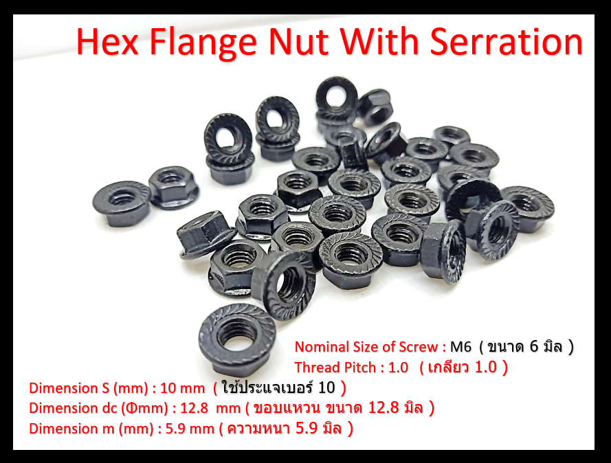 100 pcs M6 mm. Pitch 1.0 mm. Flange Nuts น๊อตหัวจาน น็อตติดแหวน Steel Black #10