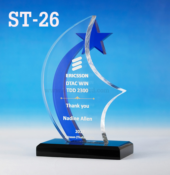 Code: ST-26 โล่อะคริลิค ความสูงตัวโล่ 6 -9 นิ้ว ความหนาอะคริลิค 15 มม. พร้อมเลเซอร์ข้อความและโลโก้ ลงสีได้ไม่เกิน 2 สี ***ราคาเริ่มต้นที่ 700 บาท (ความสูง 6 นิ้ว เมื่อสั่งสินค้า 5 ชิ้น ขึ้นไป)***