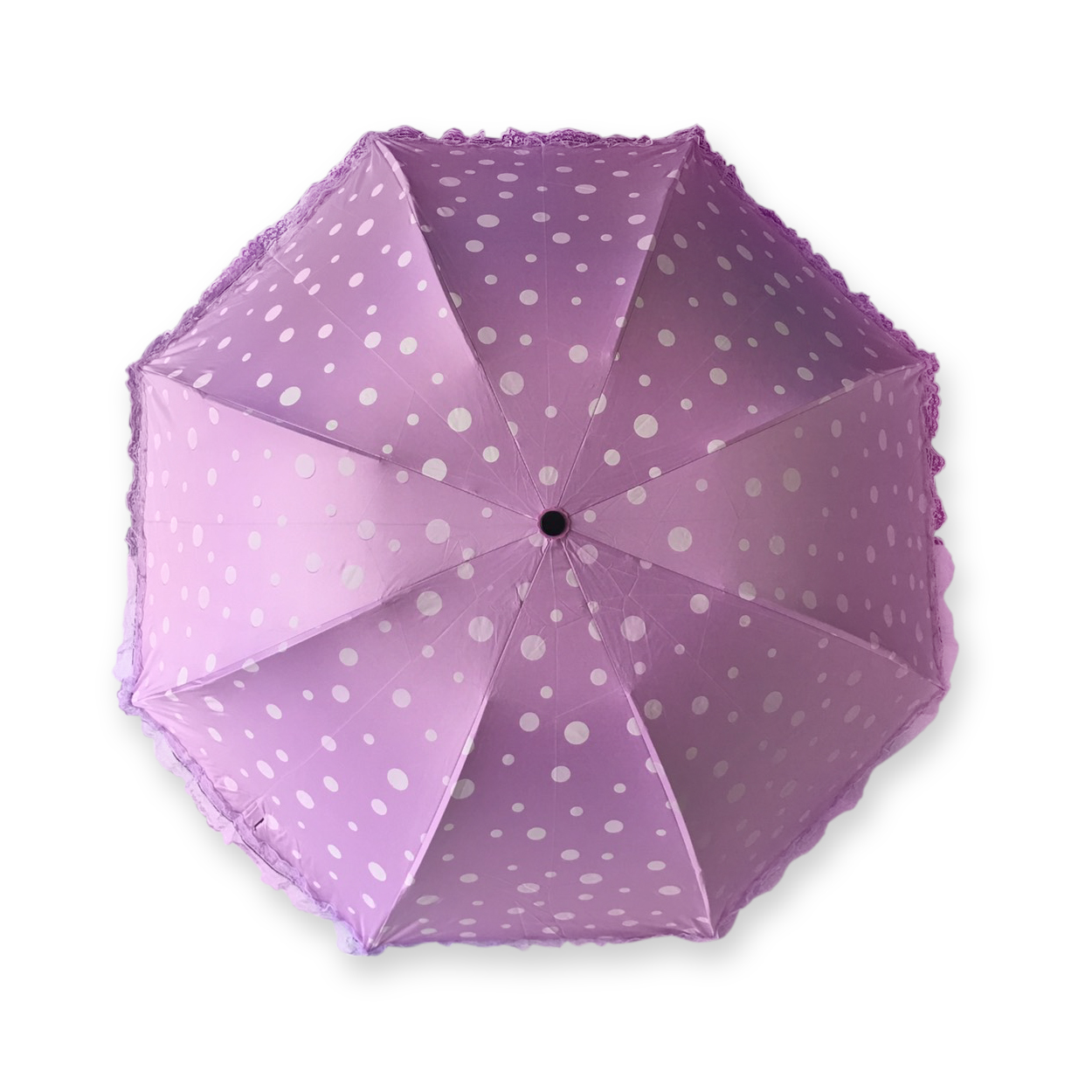 ร่มโค้งแฟชั่นลายจุดโดนแสงเปลียนสีได้ไม้มีระบายยูวีสีดำ