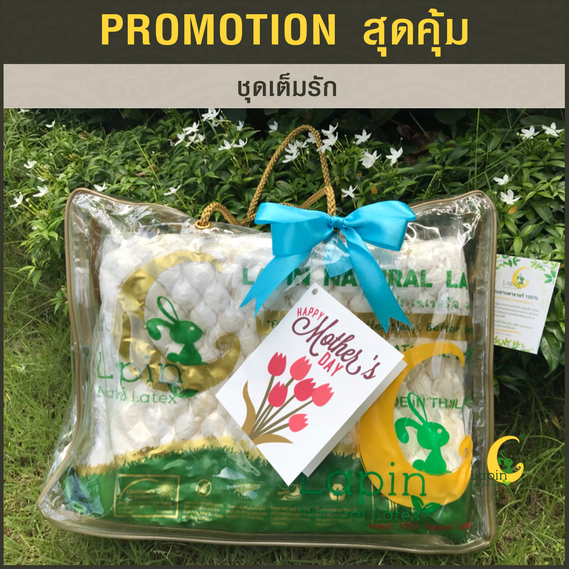 ชุดเต็มรัก2 (หมอนยางพารา3ใบ+กระเป๋า+การ์ด)