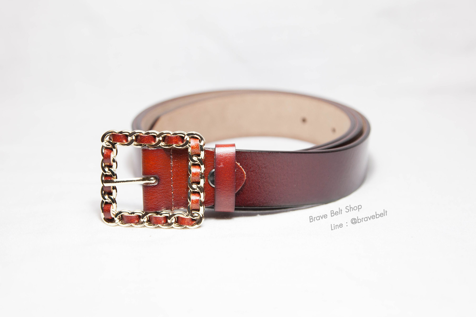เข็มขัดหนังแท้สีน้ำตาล หัวสีทองสวย