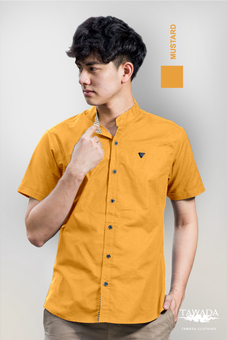 แขนสั้น คอจีน สีเหลืองมัสตาร์ด mandarin collar Mustard