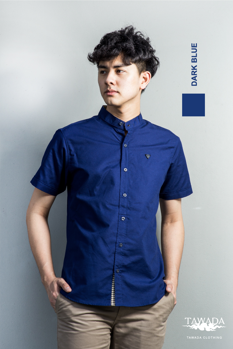 แขนสั้น คอจีน สีกรมท่า mandarin collar Dark blue