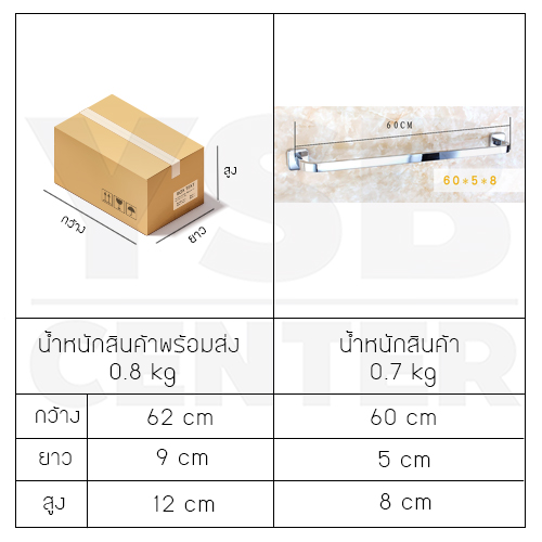 CASSA ราวแขวนผ้า สแตนเลส304 ราวเดี่ยว ในห้องน้ำ แบบติดผนัง ท่อใหญ่ แบบเหลี่ยม ขนาด60cm. รุ่น C19-SUS304-160