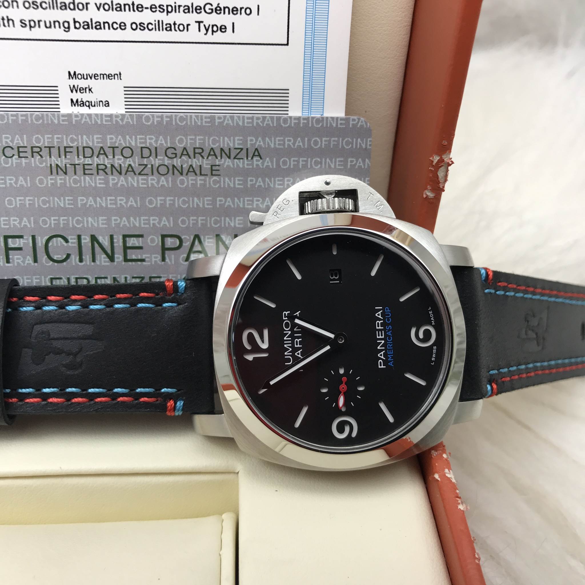 นาฬิกา Luminor Panerai Marina Automatic Americas Cup สีเงิน สายหนังสีดำเดินขอบด้ายสีแดง นํ้าเงิน หน้าปัดสีดำ
