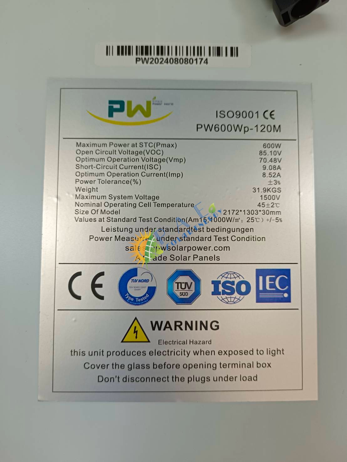 PM แผง High Volt โซล่าเซลล์ 600W Mono ค่า โวลต์ 85.10V