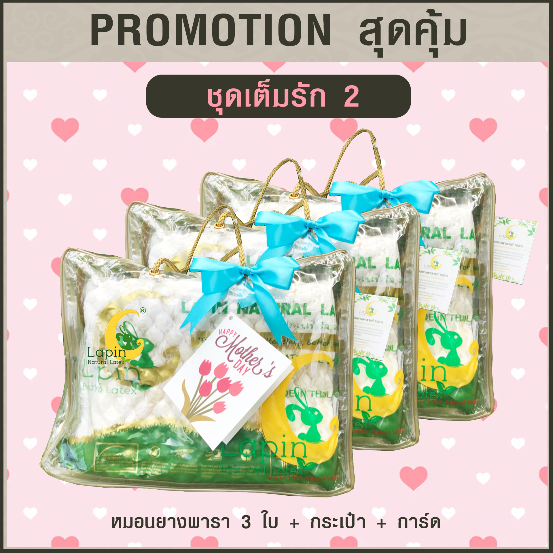 ชุดเต็มรัก2 (หมอนยางพารา3ใบ+กระเป๋า+การ์ด)