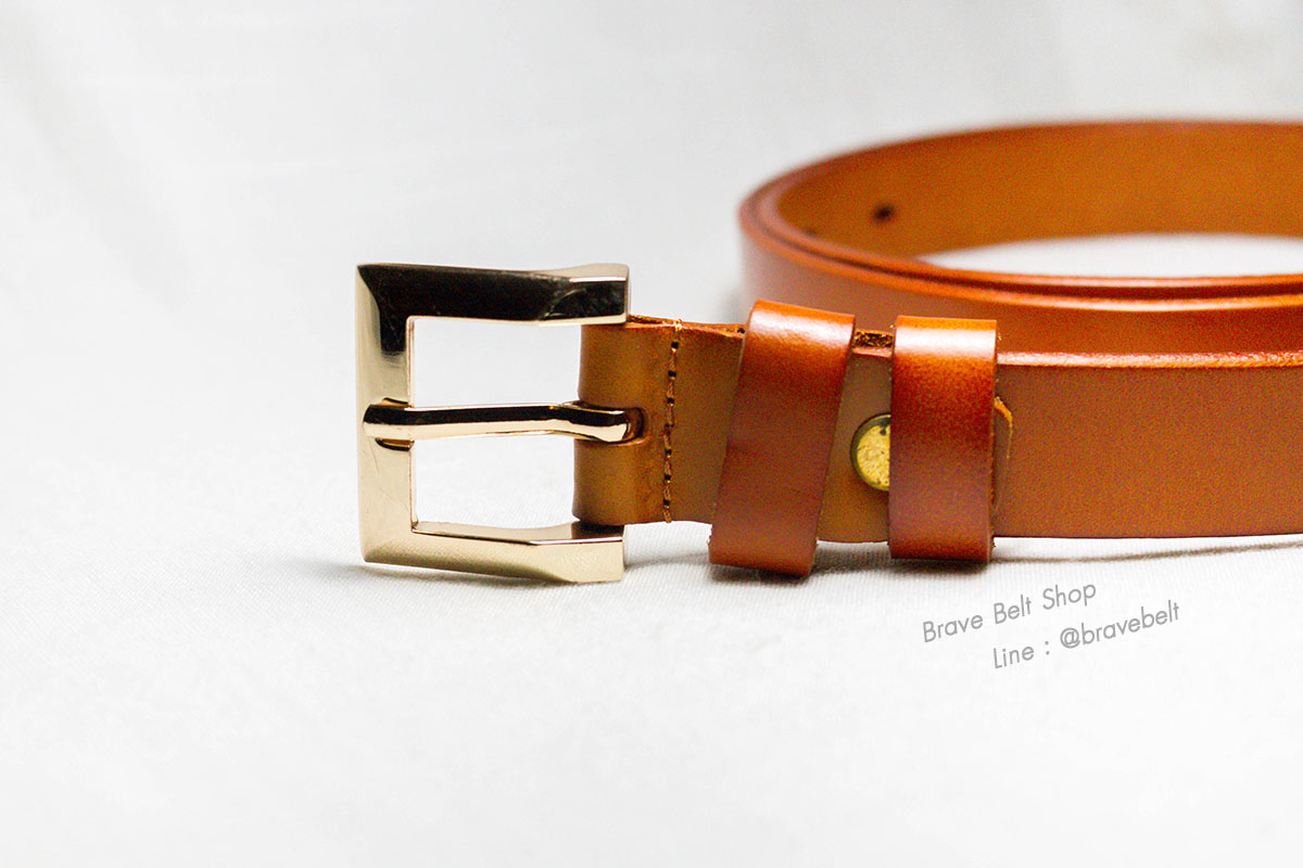 เข็มขัดน้ำตาล หนังแท้หัวเข็มขัดสีทอง