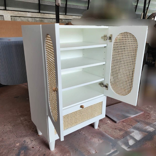 ชั้นวางของ ตู้เก็บของ พร้อมลิ้นชักสไตล์มินิมอล ไม้แท้ MDF ประตูหวายแท้ (ไม่ต้องประกอบ) ND006 - ND007