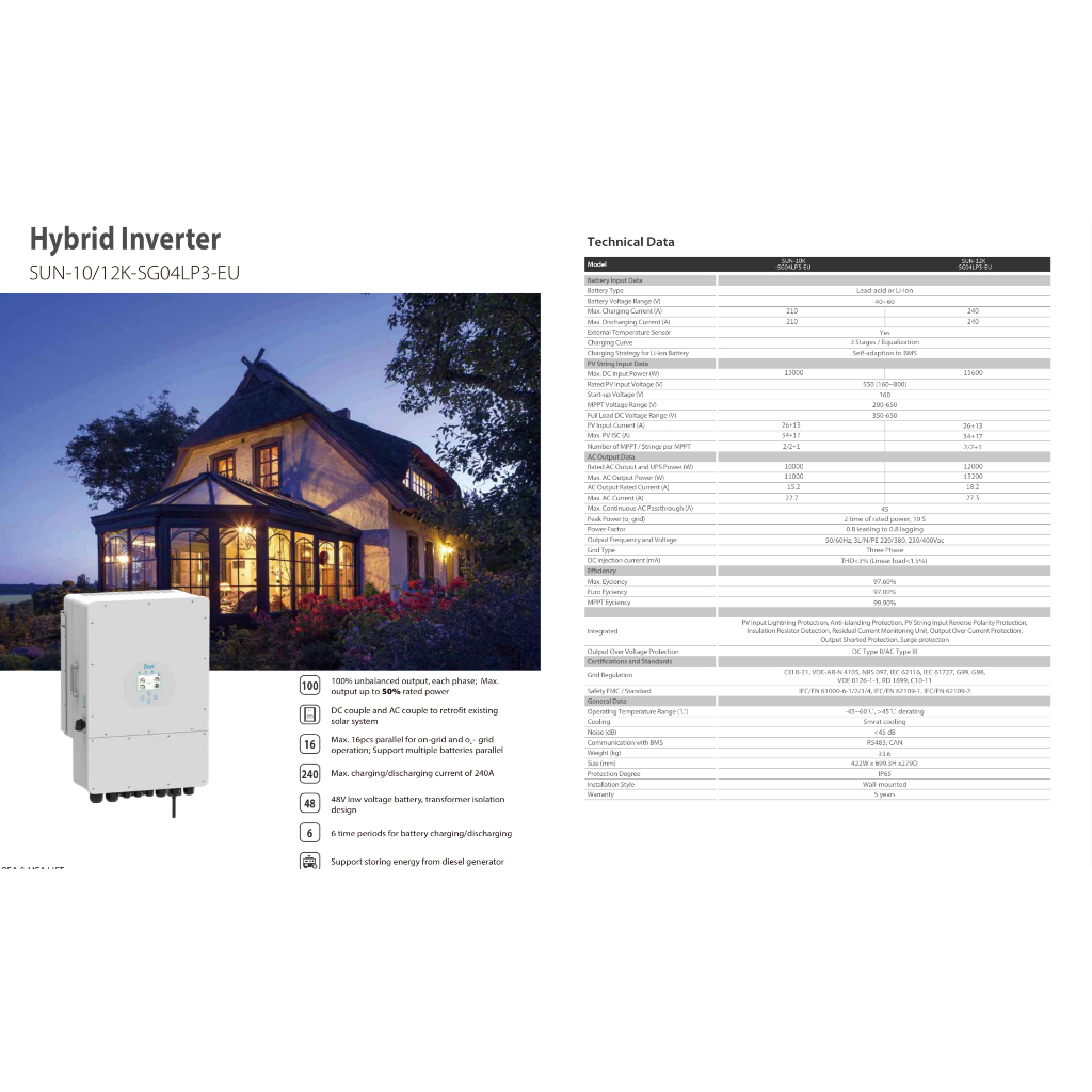 Deye SUN-10K-SG04LP3-EU Hybrid ออน-ออฟกริด Inverter 10k3phase