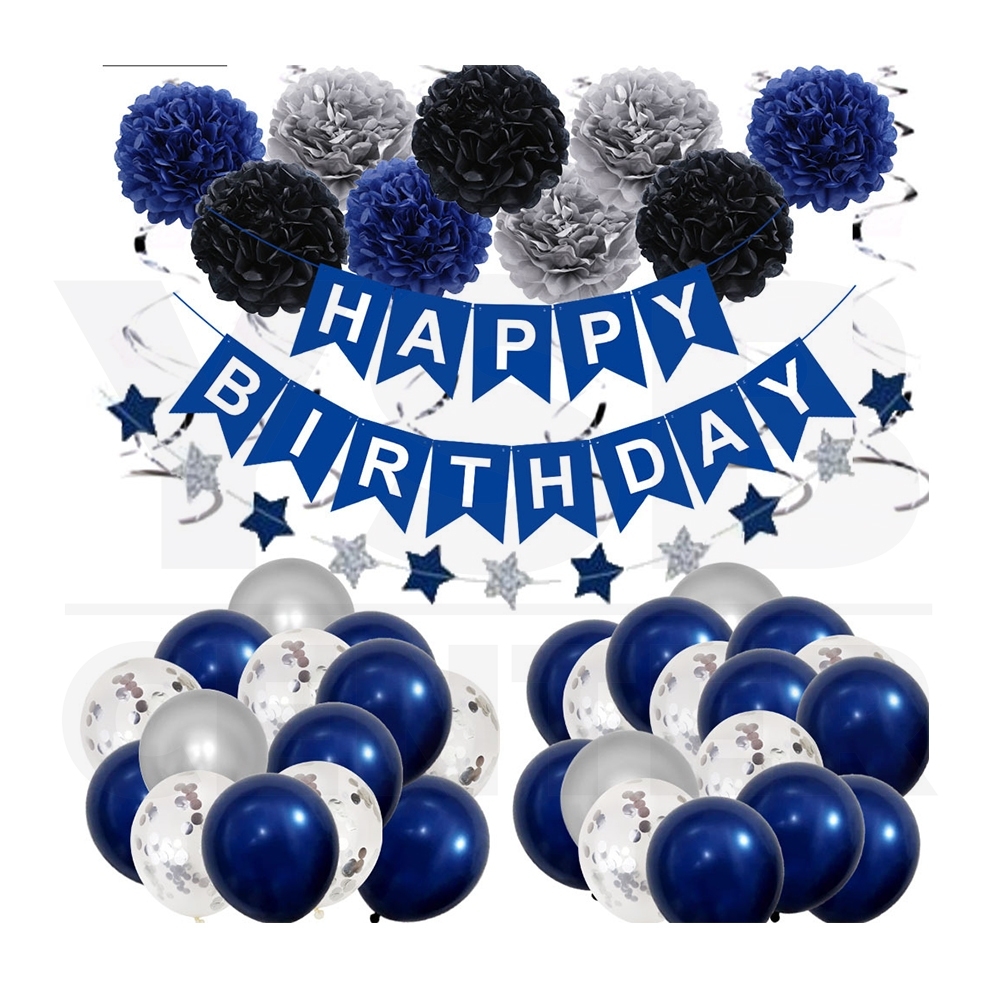 ป้ายวันเกิด ธง HBD ธีมน้ำเงิน พร้อมอุปกรณ์ตกแต่งงานปาร์ตี้ รุ่น B1S067 - NG