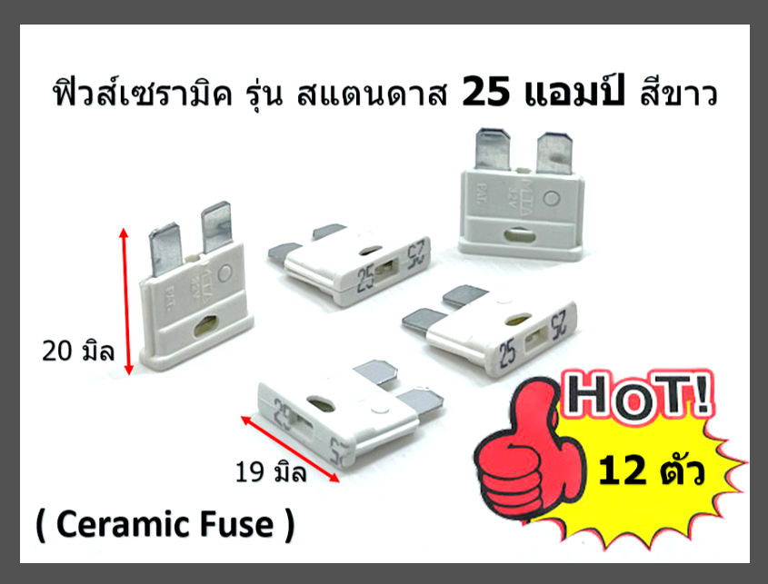 ฟิวส์เซรามิค รุ่น สแตนดาส 25 แอมป์ สีขาว จำนวน 12 ตัว ( Ceramic Fuse )