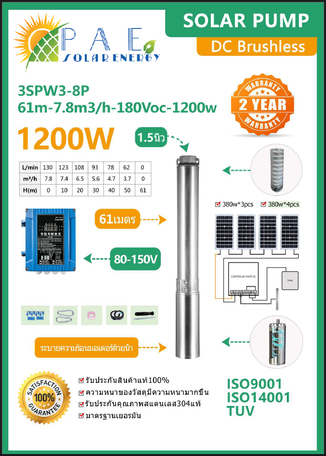 ปั้มบาดาล ซัมเมอร์ส Dc Brushless ขนาด 1200W รุ่น 3SPW3-8P-61m-7.8m3h-180Voc-1200W