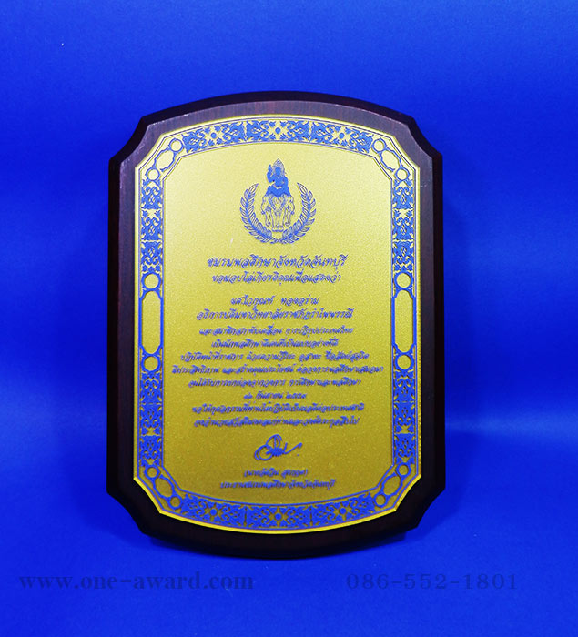 Code: W-14 โล่ไม้ เพจอะคริลิคพ่นสีทองด้านหลัง สลักเลเซอร์ลงสีด้านหน้า ขนาด 8 x 6 นิ้ว ราคา 950 บาท ***รับสั่งผลิตตั้งแต่ 3 ชิ้น ขึ้นไป***
