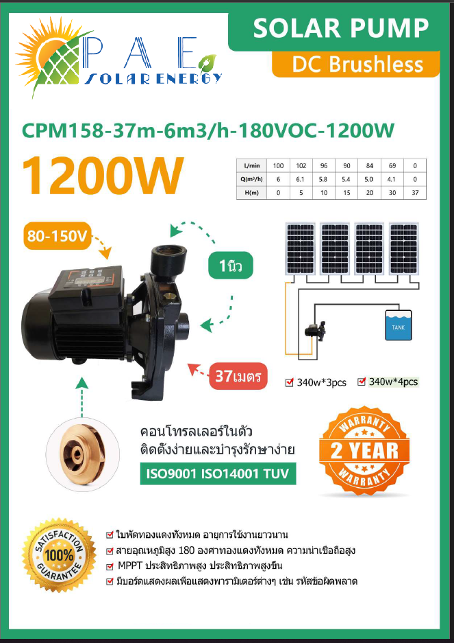 ปั๊มหอยโข่งโซล่าเซลล์ 1200W ขนาด 1 นิ้ว รุ่น CPM158-37m180Voc-1200W