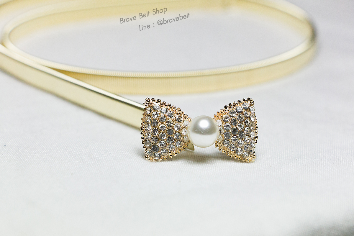 เข็มขัดสปริงรูปโบว์จิ๋ว ไข่มุกประดับเพชร