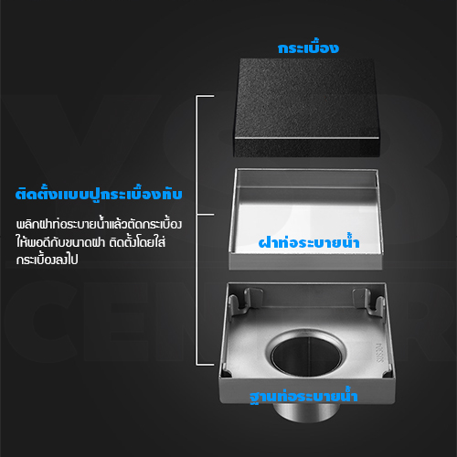 ตะแกรงระบายน้ำ กันกลิ่น กันแมลง ระบายน้ำได้เร็ว ปูกระเบื้องทับได้ สแตนเลสแท้ 304 CM0008 - CM0012