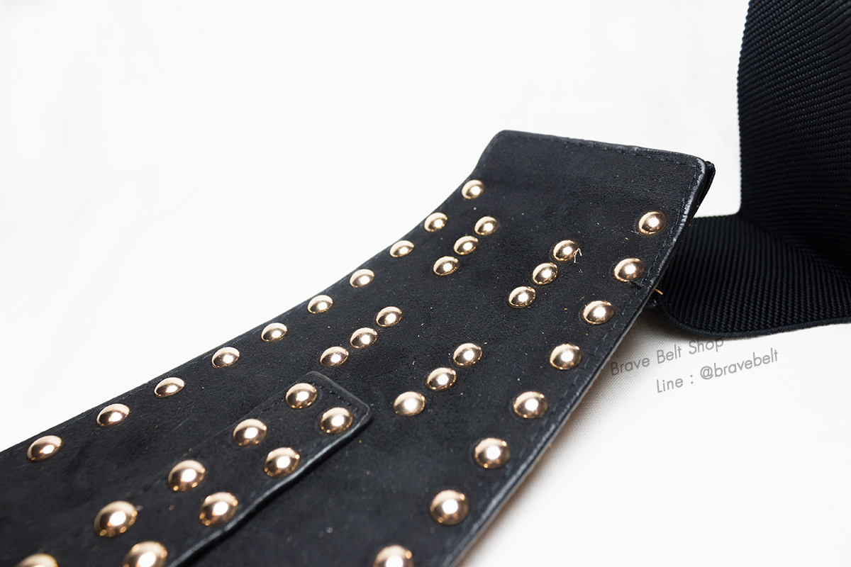 เข็มขัดเอวสูงทรงโอบิสวย หนังสีดำยางยืดหมุดทอง