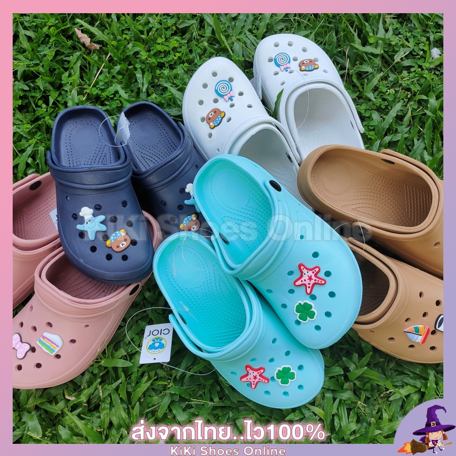 KiKi Shoes - รองเท้าแตะ รองเท้าใส่ในบ้าน รองเท้าหัวโต สไตล์ คร็อก สีสดใส พร้อมการ์ตูน 2 ตัว ใส่นิ่ม น่ารัก จัดเลยค่ะ
